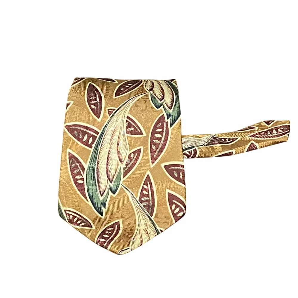 VTG Chaps Ralph Lauren Mens Silk Tie Tan Burgundy Teal Abstract‎ Botanical USA